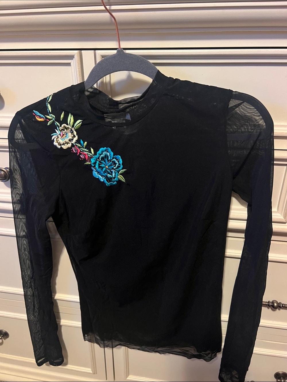 Cache Black Mesh Long-Sleeve Top with Floral Embroidery